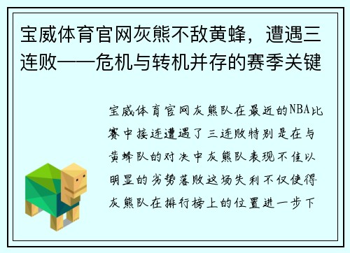 宝威体育官网灰熊不敌黄蜂，遭遇三连败——危机与转机并存的赛季关键时刻